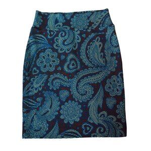 LuLaRoe Cassie Womens Skirt L Blue Paisley Floral Cross Stitch Print Spring Casu